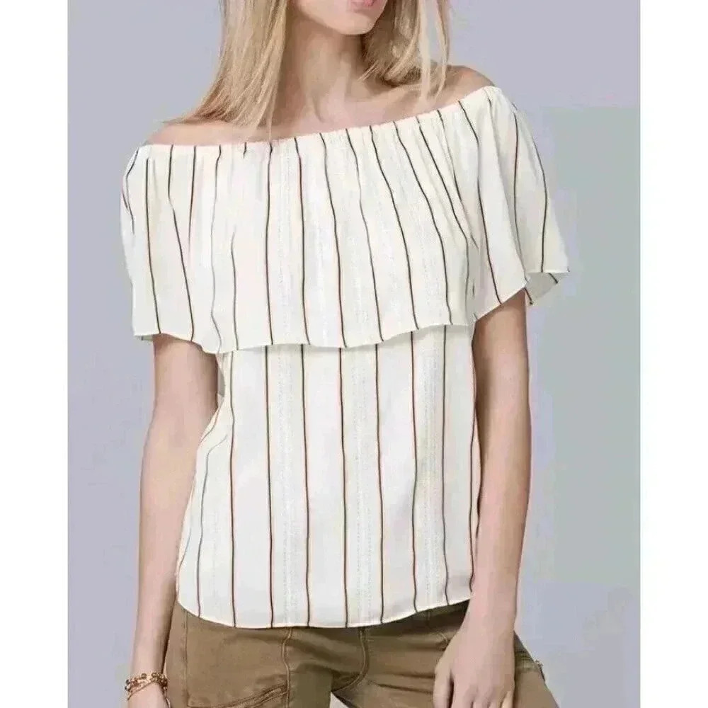 WHITE HOUSE BLACK MARKET Off The Shoulder‎ Stripe Blouse Size XS Top Shirt EUC